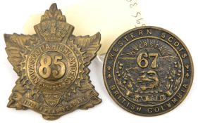 2 CEF infantry Scottish glengarry badges: 67th (67A) and 85th (85A). GC Part I of the Collection