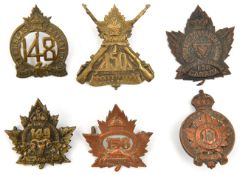 6 CEF infantry cap badges: 148th, 149th (149A), 150th (one lug missing), 156th, 157th (157A) and