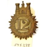 An OR’s 1874 pattern brass glengarry badge of The 12th (E. Suffolk) Regt, (437), copper lugs. GC