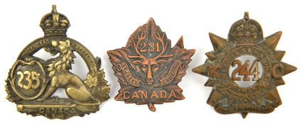 2 CEF infantry cap badges: 235th (235A) and 244th (244A); a 231st collar with double blades
