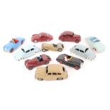 10 Dinky Toys. Jaguar SS100, Austin Atlantic, Porsche 356, 2x Volkswagen Beetle, Sunbeam Alpine,