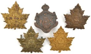 5 CEF Depot Bn cap badges: 1st (French title) 2 varieties (one lug missing), 2nd (English and