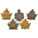 5 CEF Depot Bn cap badges: 1st (French title) 2 varieties (one lug missing), 2nd (English and
