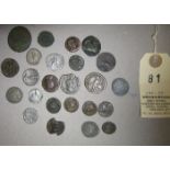 24 Roman coins: various Emperors, mostly 3rd/4th century including Julia Domna denarius, reverse