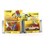 2 Corgi Toys. An Incredible Hulk (264) and a Spiderman Spiderbike (266). Both boxed, some creasing