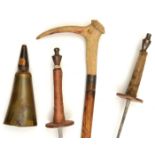 An 18th century horn powder flask, screw on cup measure top, 7½” overall; an old sword stick,