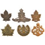 6 CEF cap badges: Geo V Horse Artillery (110-1-1), Garrison Artillery (140-1-1) and maple leaf