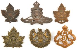 6 CEF cap badges: Geo V Horse Artillery (110-1-1), Garrison Artillery (140-1-1) and maple leaf