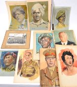 A small collection of 16 original watercolours of WWII soldiers etc, some celebrities mostly Gurkhas