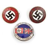 Three Third Reich circular enamelled pin back lapel badges: NSDAP members, and “Adolf Hitler