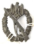 A Third Reich Infantry Assault badge, originally bronzed (?) and with no trace of maker’s mark. GC