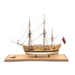 A 1:60 scale model of Capt. James Cook’s Endeavour. A well-constructed and detailed wooden model