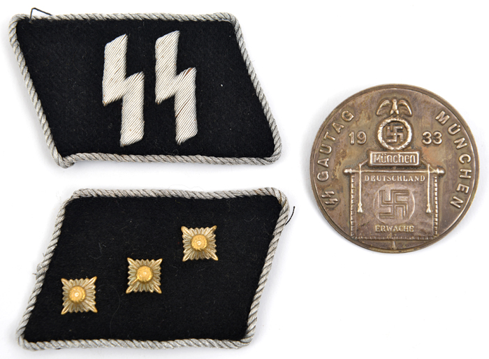 2 Third Reich SS collar patches: silver bullion SS runes with piping, and SS Untersturmfuhrer;