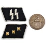 2 Third Reich SS collar patches: silver bullion SS runes with piping, and SS Untersturmfuhrer;