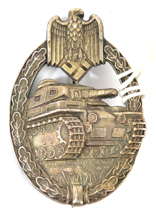 A Third Reich Panzer Assault badge in silver, plated on white metal with solid flat back, wide hinge