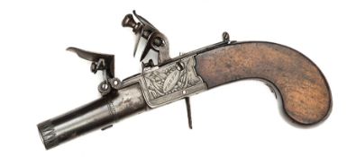 A good 130 bore flintlock muff pistol by W Bond, c 1820, 4¾” overall, turn off rifled barrel 1¼”,