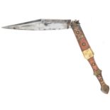 A similar navaja, blade 7½”, marked “Valerosus (unclear) Saragoza”, alternate stained bone and brass