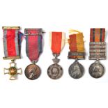 Miniature medals (5): DSO Vic issue, Waterloo with 2 prong top ribbon brooch buckle; Abyssinia War