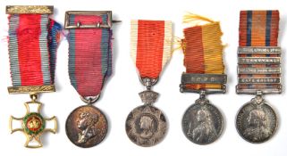 Miniature medals (5): DSO Vic issue, Waterloo with 2 prong top ribbon brooch buckle; Abyssinia War