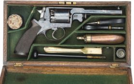 A cased 5 shot 54 bore Beaumont Adams double action percussion revolver, 11½” overall, barrel 5¾”