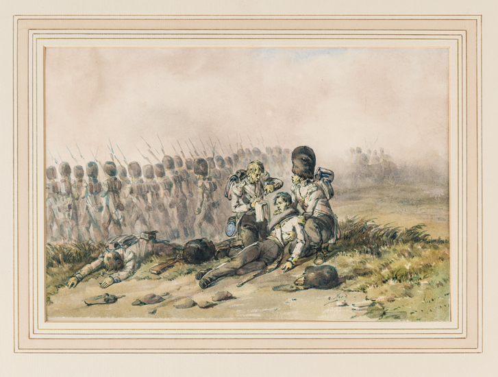 A watercolour by Orlando Norie: The Scots Guards advancing with bayonets fixed during the Crimea