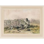 A watercolour by Orlando Norie: The Scots Guards advancing with bayonets fixed during the Crimea