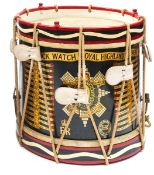 An Elizabeth II painted brass side drum of The Black Watch (Royal Highlanders), bearing title
