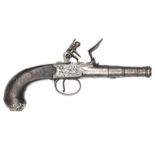 A silver mounted 54 bore cannon barrelled flintlock boxlock pocket pistol by Adams, London, c