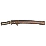 A Japanese sword Wakizashi, blade 14½”, unsigned, probably 16th Century. Iron Higo mounts to hilt,