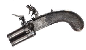 A good 140 bore double barrelled over and under flintlock boxlock pocket pistol, c 1820, 5½”