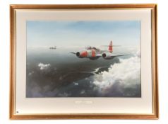 An original oil painting on board of a Gloster Meteor Mk.7.5 aircraft by Roy Layzell. A portrait