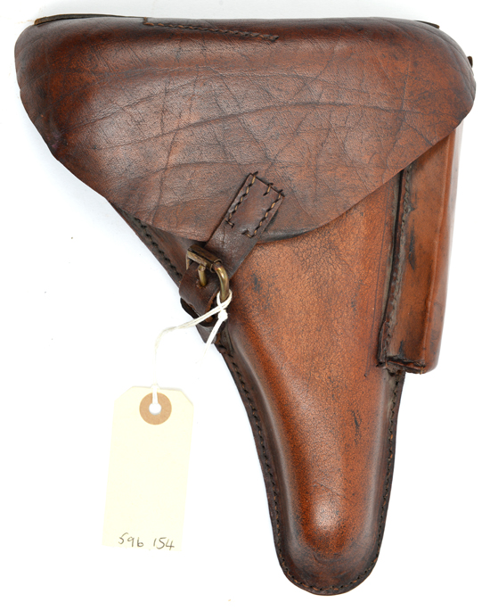 A good WWI brown leather holster for 4” barrel Luger, stamped “Hans Römmer/ 1915/ Neu-Ulm”. Near VGC