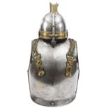 An impressive 19th Century Turkish cavalry helmet, breast and backplate, the helmet with a steel