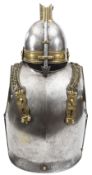 An impressive 19th Century Turkish cavalry helmet, breast and backplate, the helmet with a steel