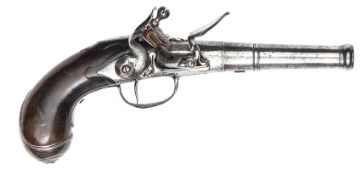 A 22 bore Queen Anne period cannon barrelled flintlock boxlock side action pistol by Barbar, 10”