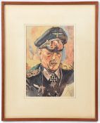A watercolour of Field Marshal Erwin Rommel, framed, 16½” x 13½”.