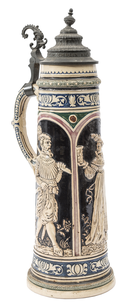 An unusually tall German beerstein, with 3 panels depicting a 16th century musketeer, a lady with