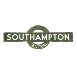 A British Railways (S.R.) station target enamel sign; Southhampton Central. Still mounted on the