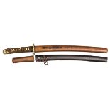 A Japanese sword Wakizashi, polished blade 17½” signed Noshu Ju Kaneyoshi c 1600, leather covered