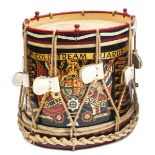 A George V painted brass side drum of the 1st Bn Coldstream Guards, bearing title scroll, crowned