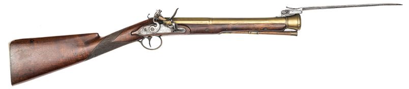 A brass barrelled flintlock blunderbuss with spring bayonet, c 1820, 30” overall, 2 stage bell mouth