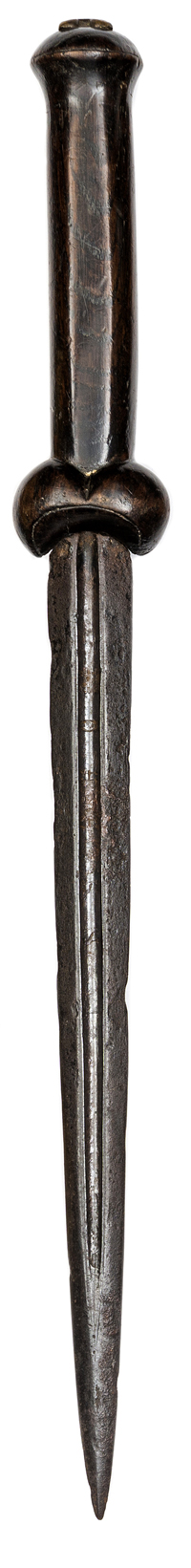 A scarce early 17th century ballock dagger, 16¼”, deeply fullered tapered DE blade 10¾”, stamped