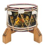 An Elizabeth II navy blue painted wooden tenor drum of The Royal Navy, bearing scroll “Royal