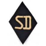 A scarce Third Reich white on black “SD” lozenge shaped sleeve patch, the back with RZM/SS paper