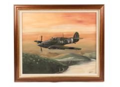 An original oil painting on board of a Hawker Hurricane aircraft by J. Burrows. A portrait of the