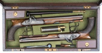 A pair of 24 bore percussion duelling pistols by H W Mortimer, converted from flintlock by James