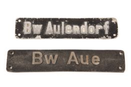 2x German Bahnbetriebswerk (locomotive depot) locomotive shed plates. A steel plate; Bw Aue (Dresden