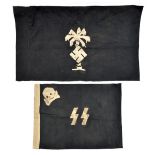 A black linen flag, with applied white skull and SS runes, 27” x 20”; and another similar with
