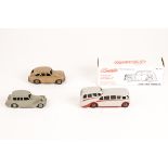 3 Dinky Toys. A Triumph 1800 saloon (40b) in grey with grey wheels. An observation coach (29f) in