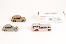 3 Dinky Toys. A Triumph 1800 saloon (40b) in grey with grey wheels. An observation coach (29f) in